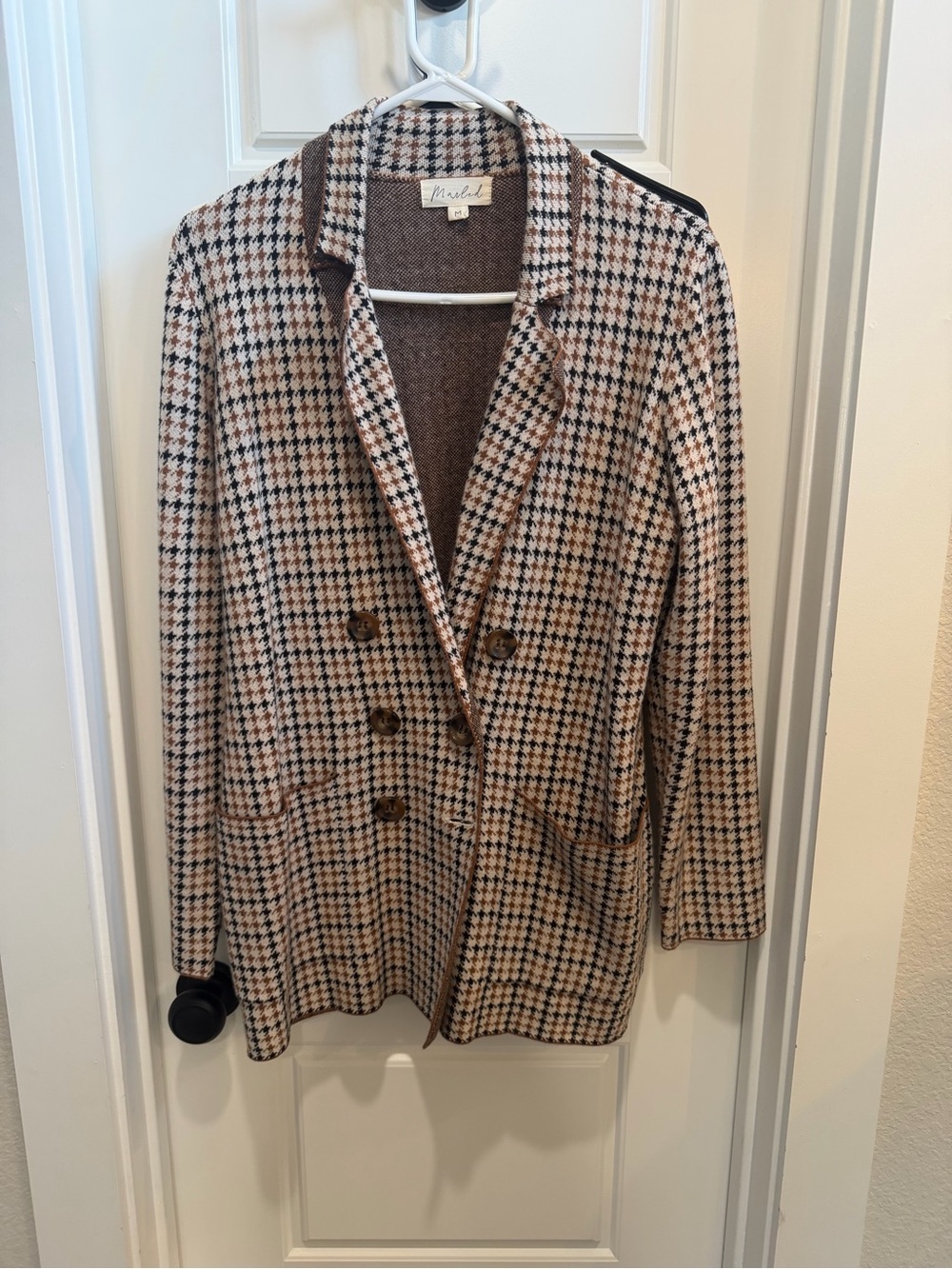 Marled Brown and Cream Houndstooth Double-Breasted Blazer- SWEATER MATERIAL